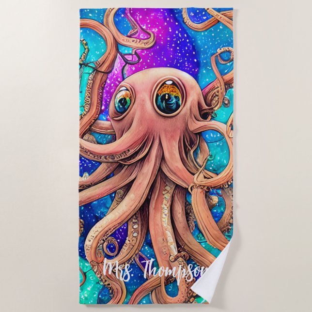 Toalla De Playa Octopus acuarela con nombre personalizado (Anverso)