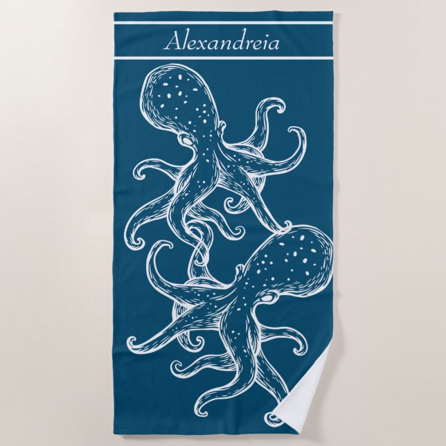 Toalla De Playa Octopus blanco náutico moderno azul oceánico (Anverso)