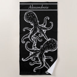 Toalla De Playa Octopus blanco náutico moderno negro oceánico