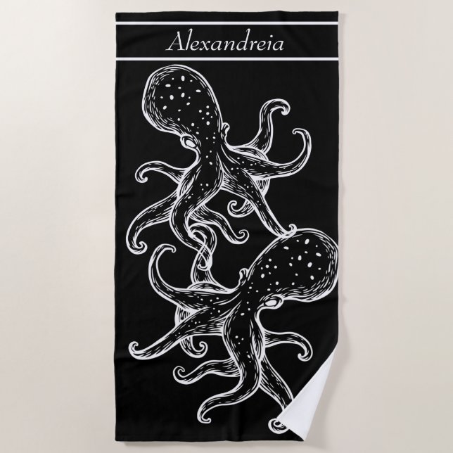 Toalla De Playa Octopus blanco náutico moderno negro oceánico (Anverso)