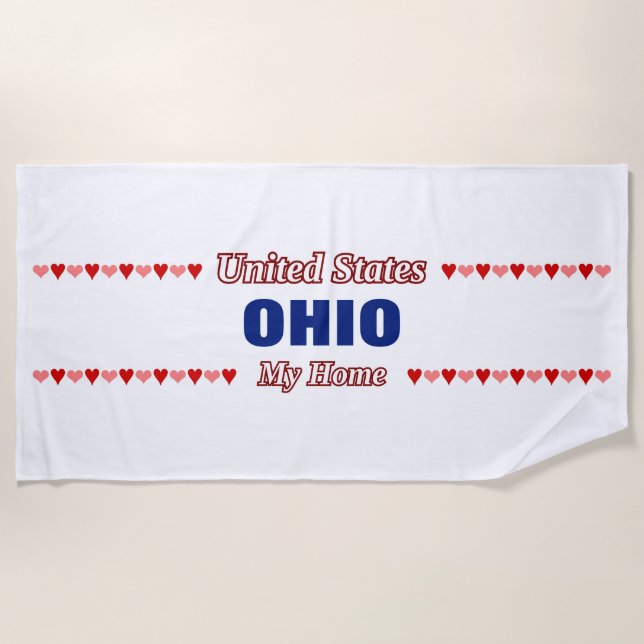 Toalla De Playa OHIO - Mi hogar - Estados Unidos; Corazones Rojo y (Anverso)