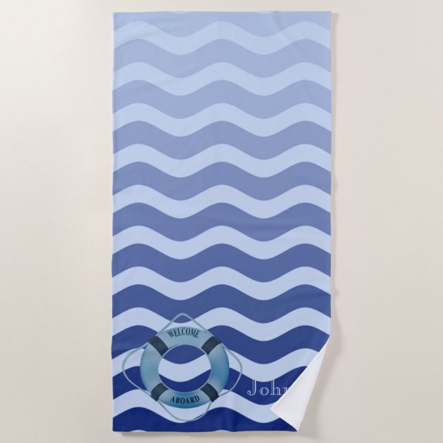 Toalla De Playa Olas de franja azul marino náutico (Anverso)