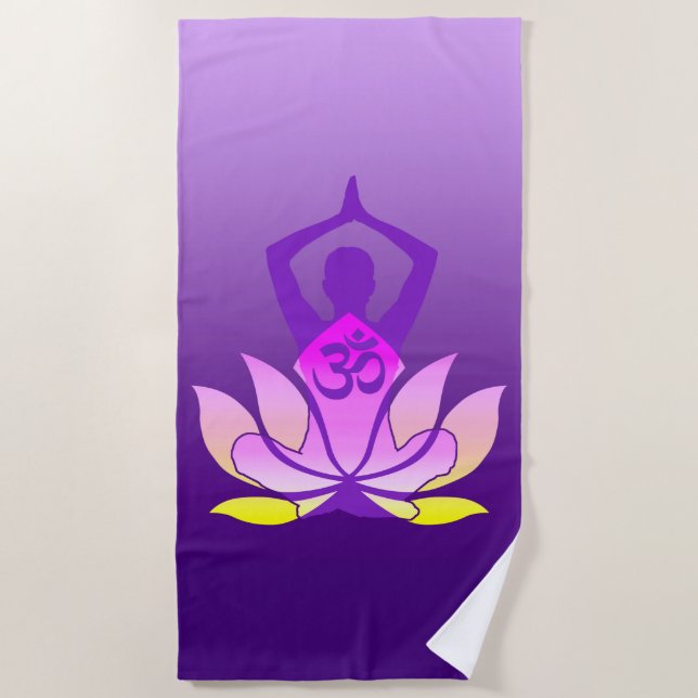 Toalla De Playa Om Lotus Flower Yoga Pose on Purple Gradient (Anverso)