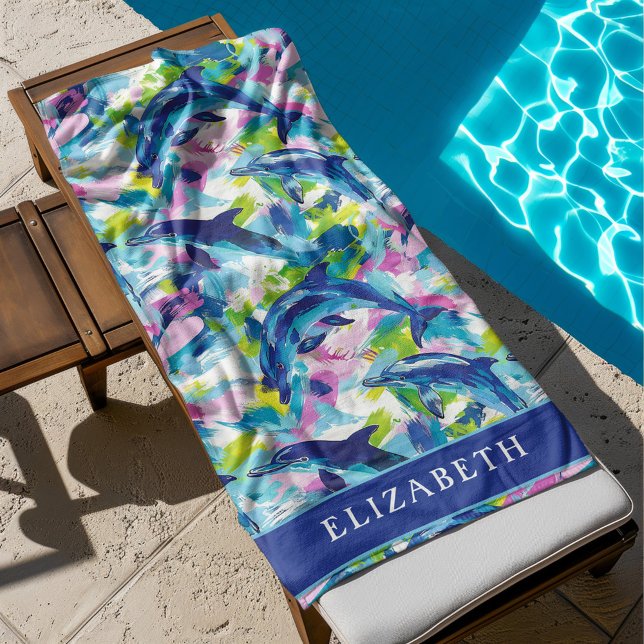 Toalla De Playa Ondas azules de delfines vibrantes personalizadas (custom dolphin beach towel featuring bright impressionist painting of playful dolphins!)