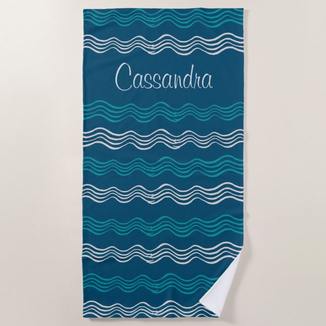 Toalla De Playa Ondas costeras Bandas azules y blancas Náuticas (Anverso)