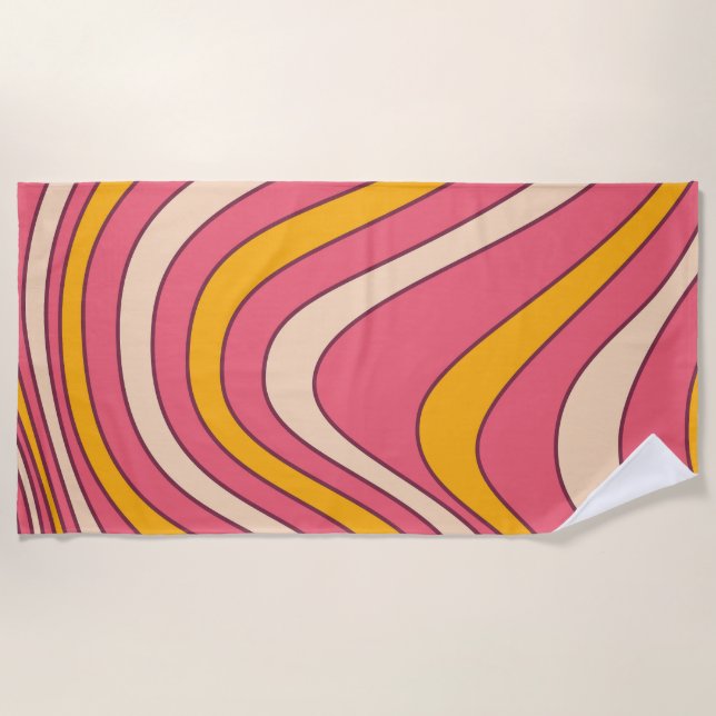 Toalla De Playa Ondas de estilo retro rosa y naranja (Anverso)