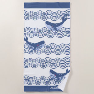 Toalla De Playa Ondas náuticas de ballena blanca gris azul
