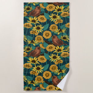 Toalla De Playa Ondas y flores en azul oscuro