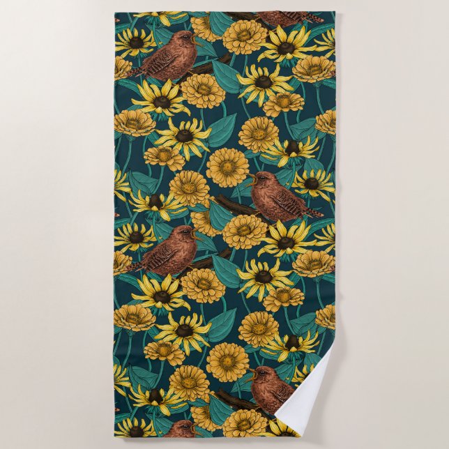 Toalla De Playa Ondas y flores en azul oscuro (Anverso)