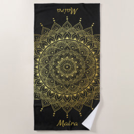 Toalla De Playa Oro elegante en floral negro suave Henna Mandala