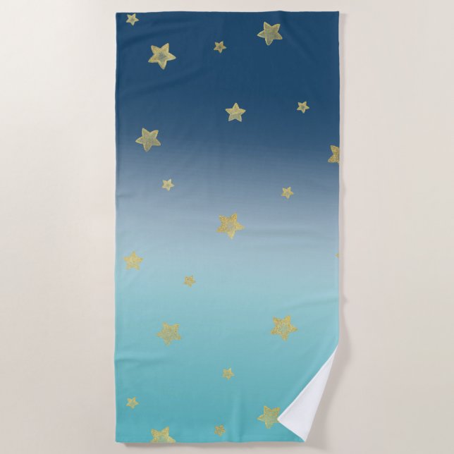 Toalla De Playa Oro Estrellas Aqua Blue Ombre (Anverso)