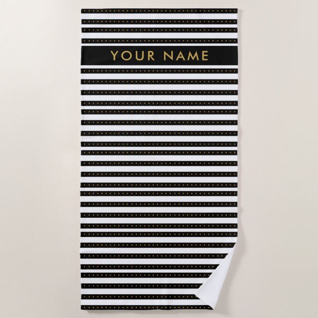 Toalla De Playa Oro personalizado, rayado blanco y negro (Anverso)