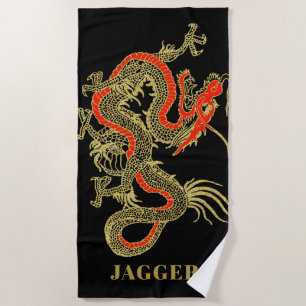 Toalla De Playa Oro Rojo Fantasía Negra Dragón Chino Monograma