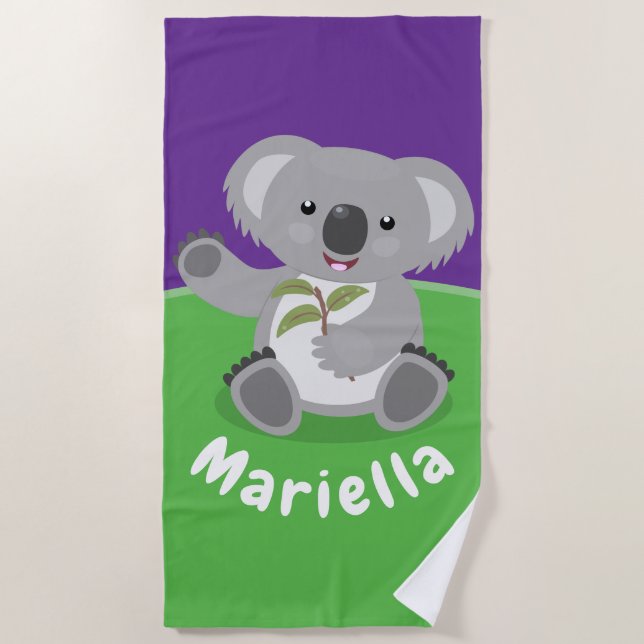 Toalla De Playa Oso de koala con hojas ilustracion personalizado (Anverso)