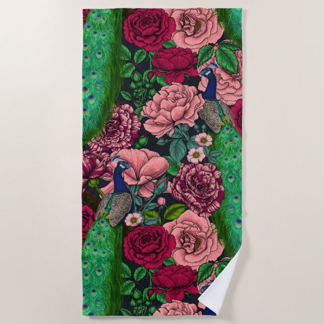 Toalla De Playa Pacocas en el jardín rosa 2 (Anverso)