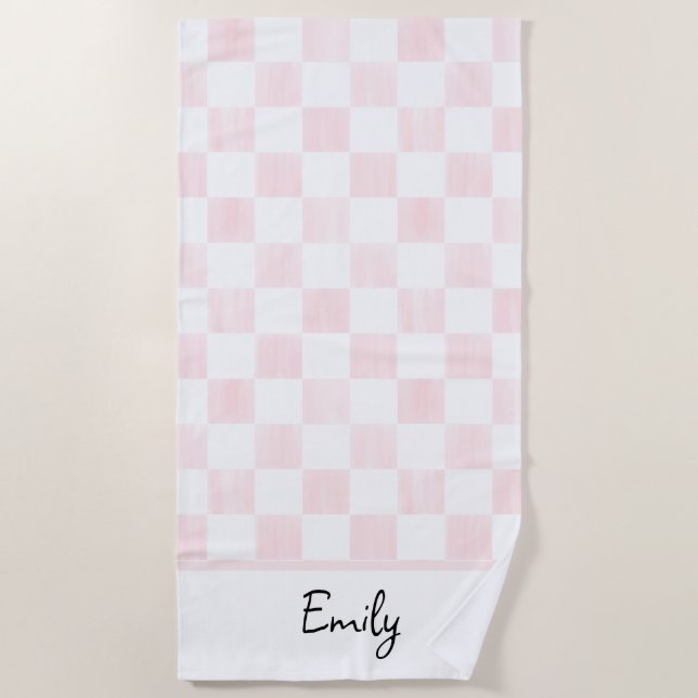Toalla De Playa Painted Pink Checkerboard Pattern Personalized (Anverso)