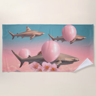 Toalla De Playa Paisaje onírico surrealista con tiburones y globos
