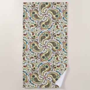 Toalla De Playa Pájaros de paisley amarillos/marrones y blancos