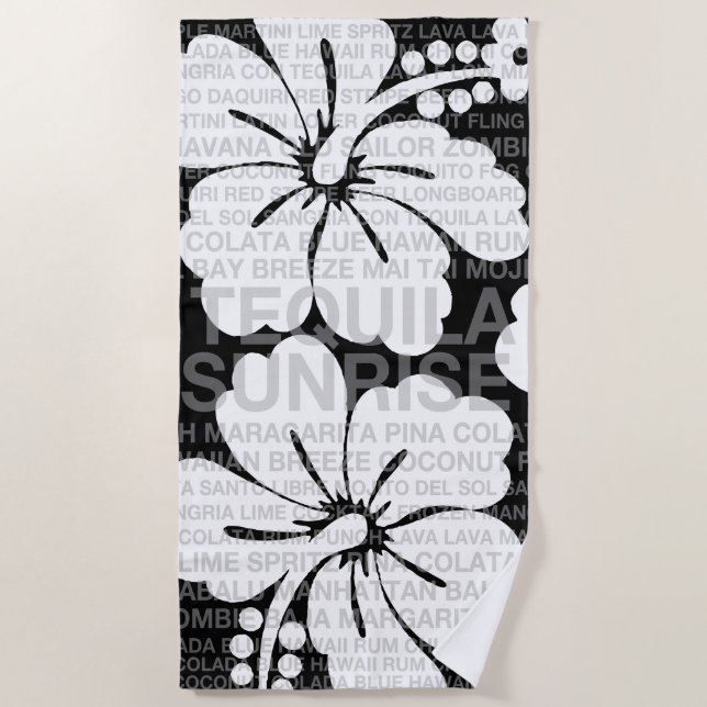 Toalla De Playa Palabras de verano Cócteles e Hibiscus - Negro (Anverso)