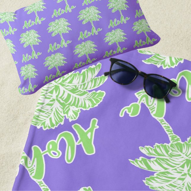 Toalla De Playa Paleta Blanca Verde Púrpura Aloha Tropical (Vibrant tropical Hawaiian theme beach towel)