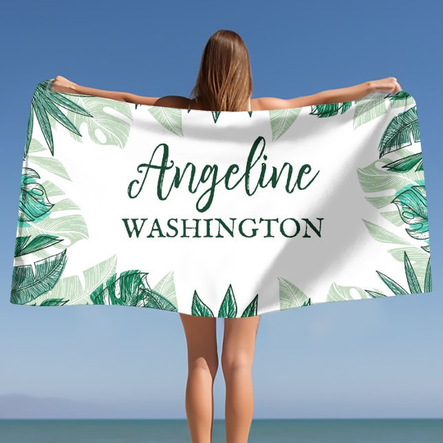 Toalla De Playa Palm acuarela tropical deja nombre personalizado (Tropical Watercolor Palm Leaves Custom Name Beach Towel)