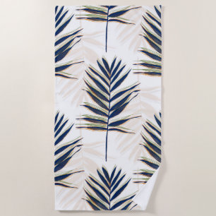 Toalla De Playa Palm azul moderno deja oro estalla diseño blanco