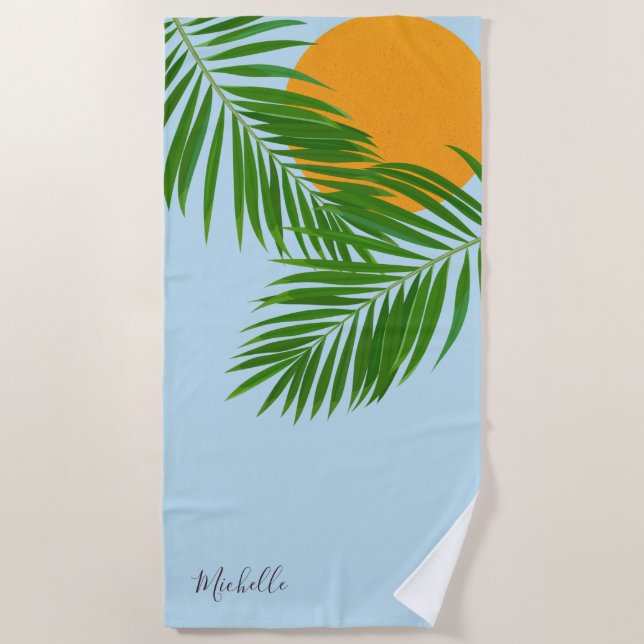Toalla De Playa Palm Sun Tropical Retro Nombre mínimo azul (Anverso)