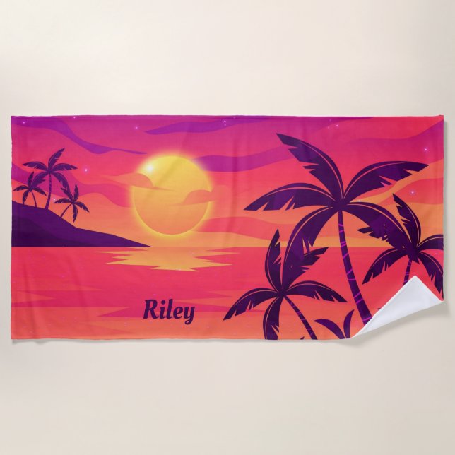 Toalla De Playa Palm Trees Costeras Sunset Personalizadas (Anverso)
