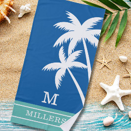Toalla De Playa Palm Trees Costeros Monograma Nombre Familia Azul