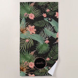 Toalla De Playa Palm Tropical Sale Monograma Floral Rosa Negro Ba