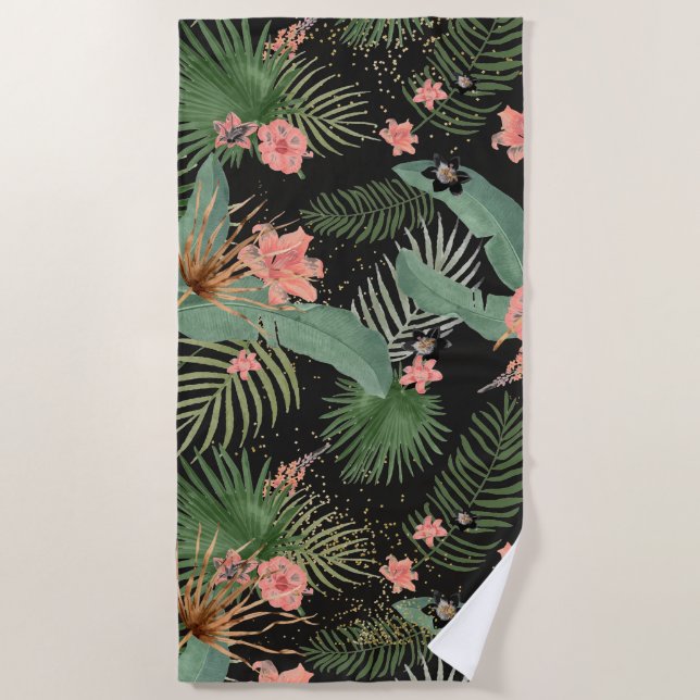 Toalla De Playa Palm Tropical Sale Negro Floral Rosa (Anverso)
