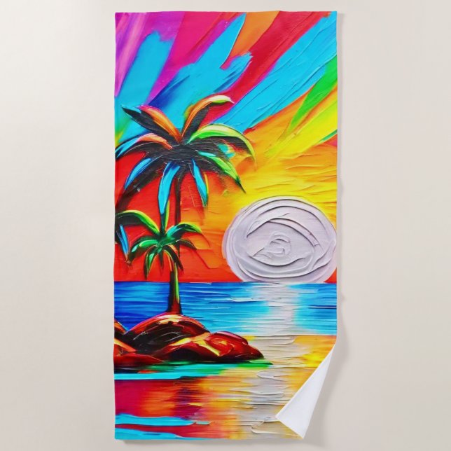 Toalla De Playa Palmeras y pintura de fondo de sol (Anverso)