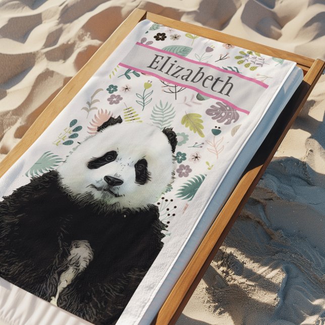 Toalla De Playa Panda Adorable oso de nombre Verde azulado animal  (Cute Panda Bear Vacation Pool Party Beach Towel)
