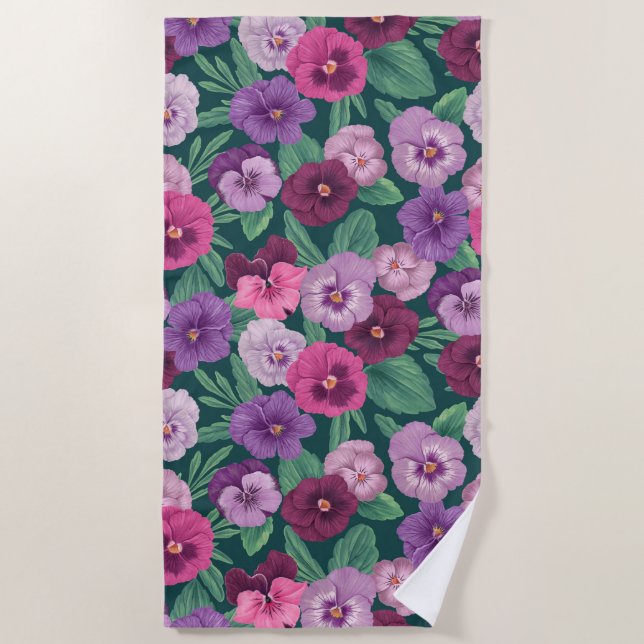 Toalla De Playa Pansitas coloridas sobre azul verdoso oscuro (Anverso)