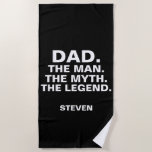 Toalla De Playa Papa Man Mythe Legend Funny Cita Nombre blanco neg<br><div class="desc">Añade algo de humor al día de tu padre con esta toalla de playa de nombre blanco negro de la leyenda del mito de papá. Está diseñado sobre una toalla de playa negra de personalizable. La frase es "dad the man the myth the leyth" en una tipografía en negrita y...</div>