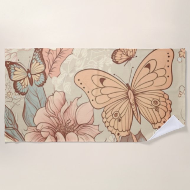 Toalla De Playa Papel de mariposas y flores (Anverso)