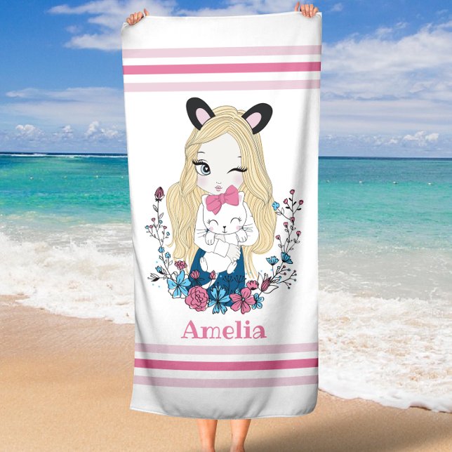 Toalla de playa para Chicas | Nombre personalizado (Beach Towel for Girls | Cute Floral Custom Name )