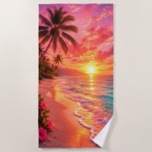 Toalla de playa paraíso de puesta de sol rosa