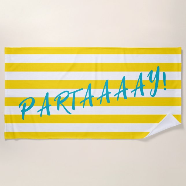 Toalla De Playa PARTAAAAY Cute Yellow White Stripe Pool Party (Anverso)