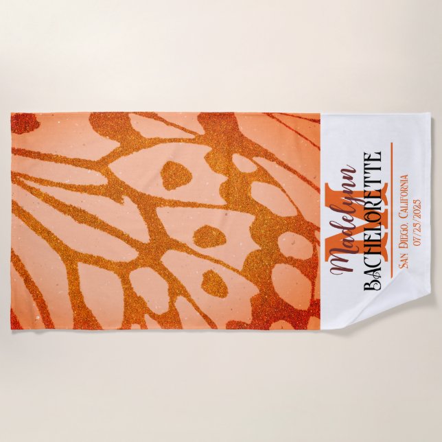 Toalla De Playa Partido de la Bachelorette Monograma Naranja Quema (Anverso)