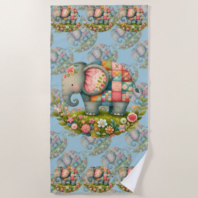Toalla De Playa Patchwork Elephant Floral Meadow Charm (Anverso)