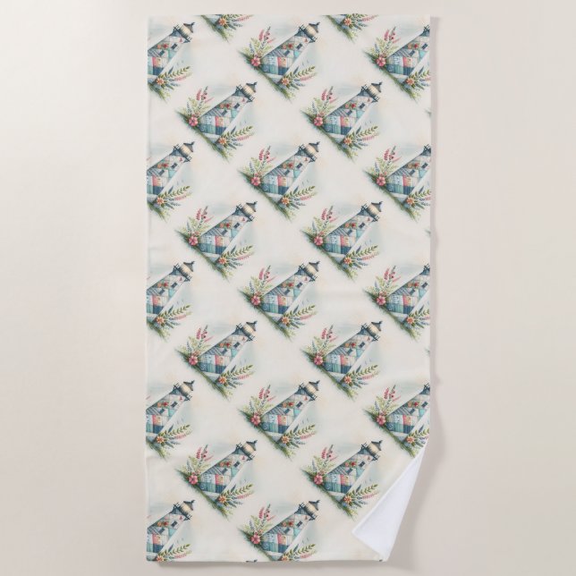 Toalla De Playa Patchwork Lighthouse Coastal Floral Scene (Anverso)