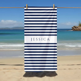 Toalla De Playa Patrón a rayas azul marino moderno personalizado