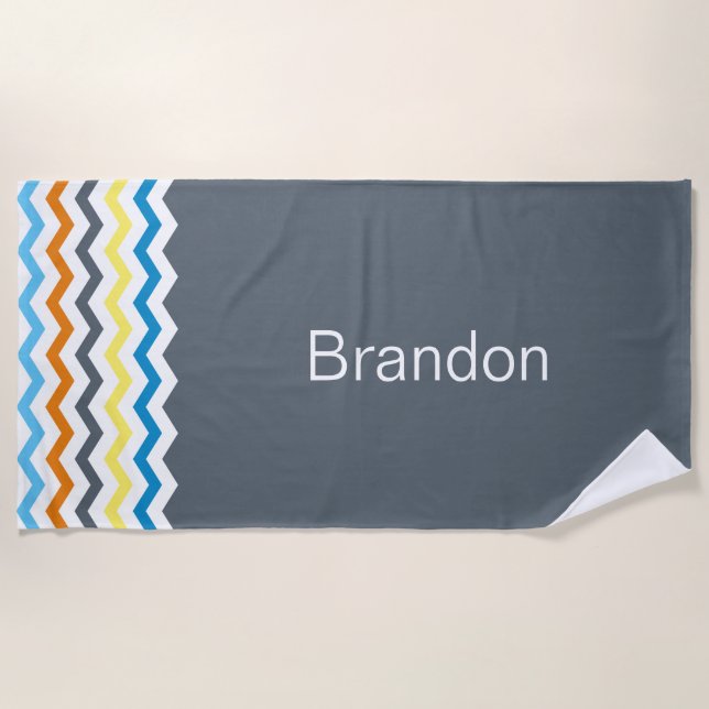 Toalla De Playa Patrón Chevron Gris Blue Naranja Personalizado (Anverso)
