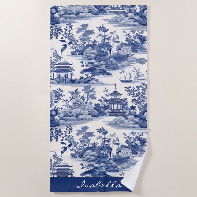 Toalla De Playa Patrón Chinoiserie personalizado Pagoda Azul Blanc (Anverso)