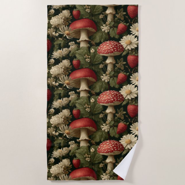 Toalla De Playa Patrón continuo con Fly Agaric rojo y flores (Anverso)