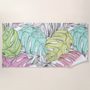 Toalla De Playa Patrón de acuarela de hojas de monstera pastel tro