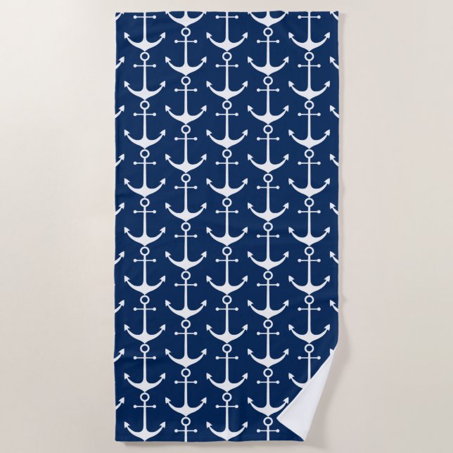 Toalla De Playa Patrón de anclaje blanco azul marino Nautical (Anverso)