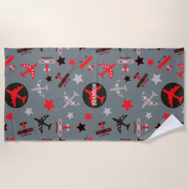 Toalla De Playa Patrón de aviones gris rojos personalizado