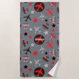 Toalla De Playa Patrón de aviones gris rojos personalizado